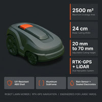 Robot Lawn Mower Engineered for Large Yards, RTK-GPS Navigation, LiDAR Sensors, 2500m² Coverage — Results & Stats